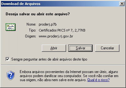 Janela em que se seleciona Salvar o certificado