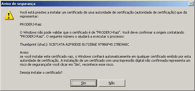 Janela de confirmação da instalação do certificado